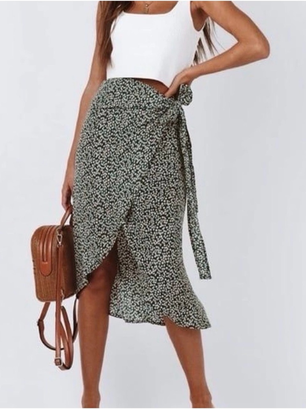 Floral Tie-Waist Wrap Midi Skirt in Olive Green